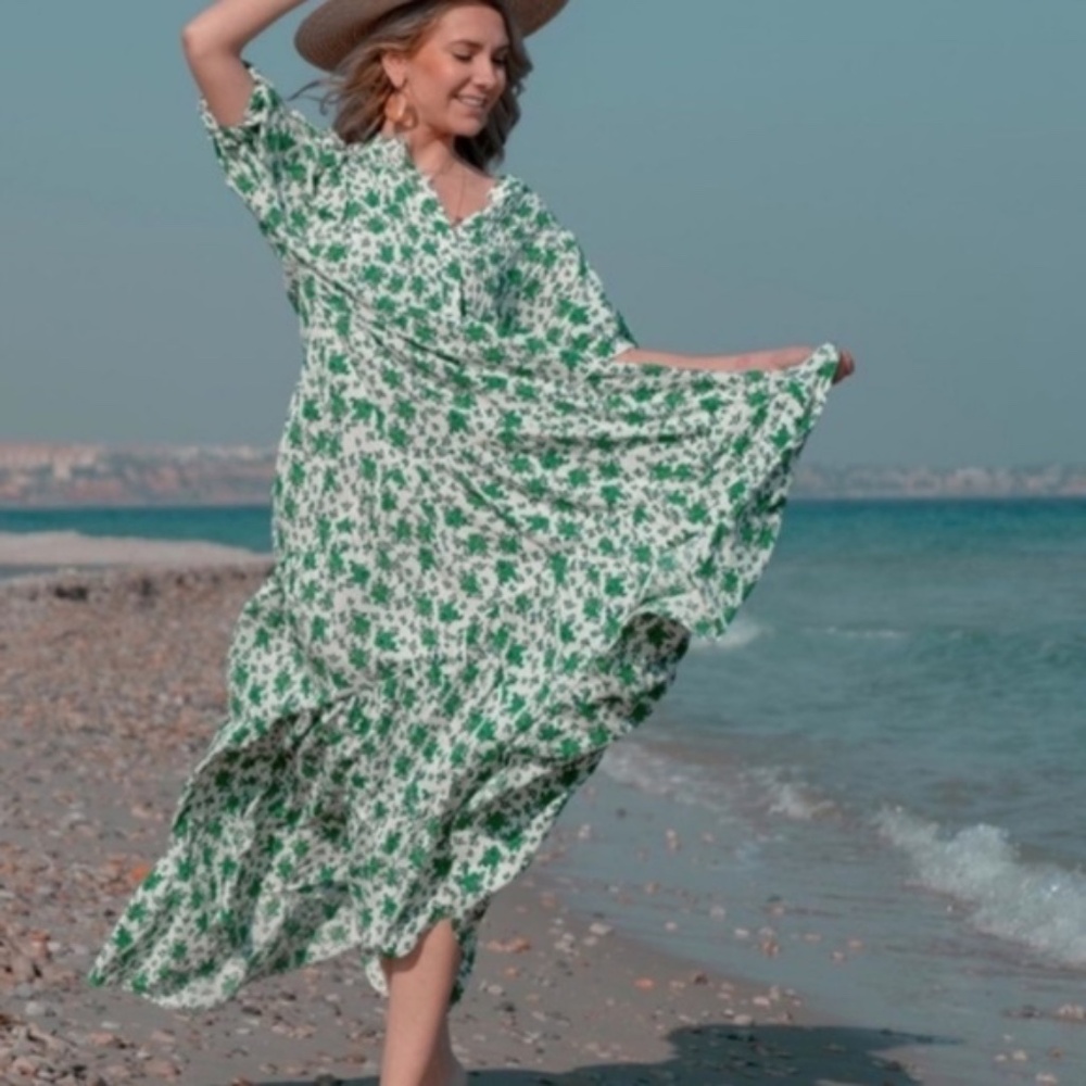 Zara | Cottagecore Green White Floral Tiered Maxi Dress XS